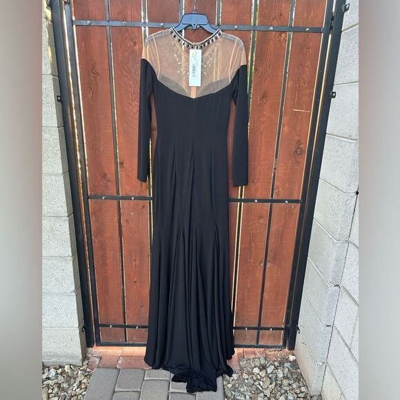 Jovani long sleeve jersey embellished illusion neckline gown size 8 Black NWT - Picture 4 of 11